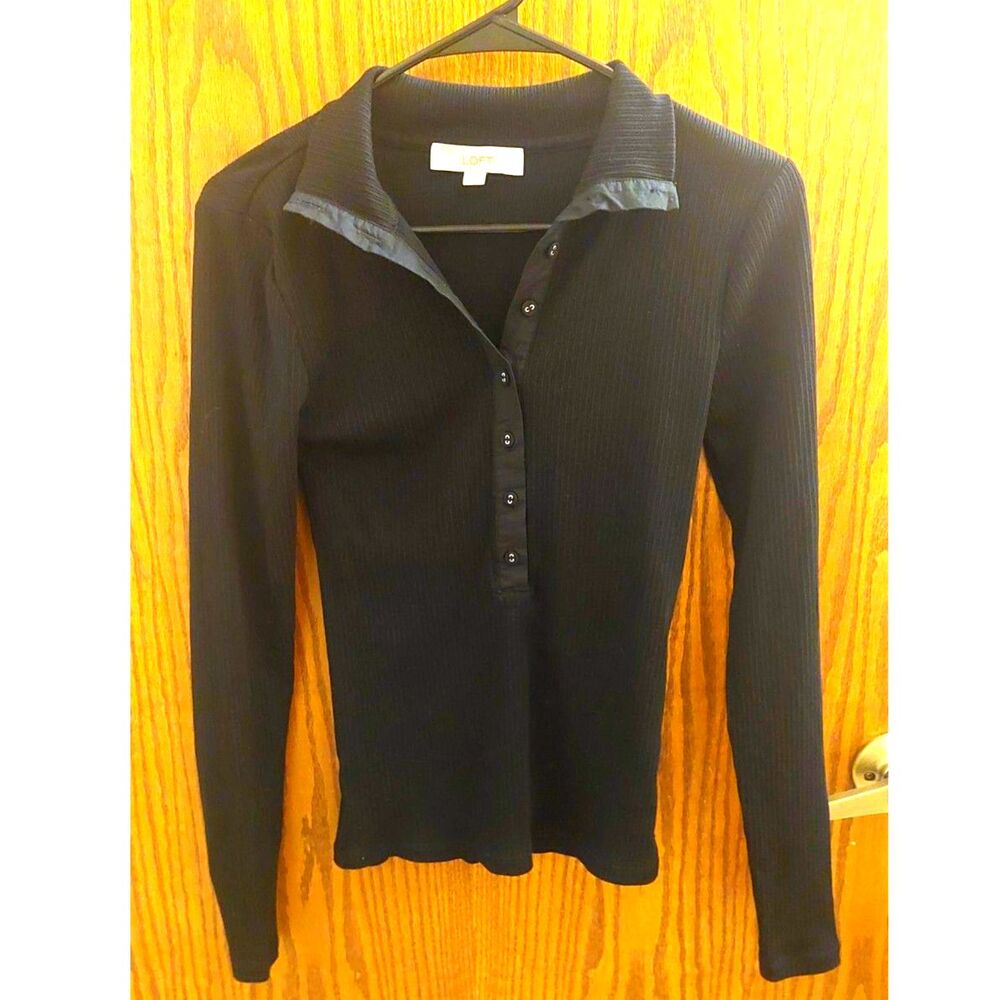 LOFT XS Black Ribbed Knit Collared Henley Long Sleeve Stretch Top